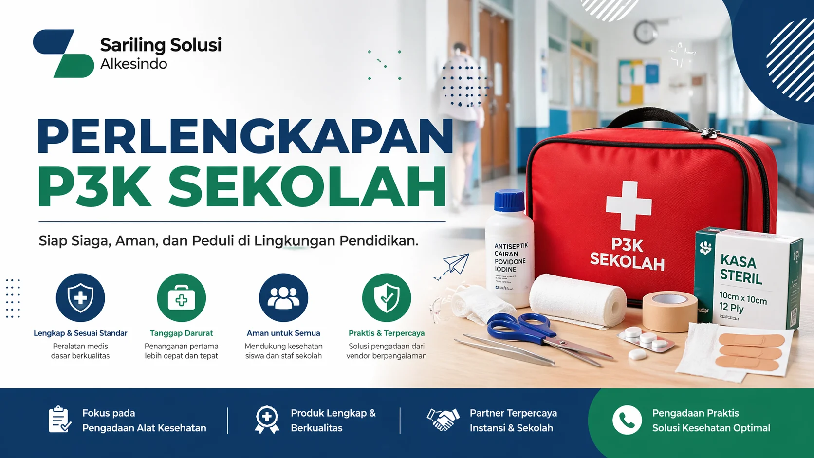 Perlengkapan P3K sekolah dengan logo Sariling Solusi Alkesindo, menampilkan kotak P3K berisi alat medis seperti kasa steril, antiseptik, dan perban di lingkungan pendidikan untuk penanganan darurat