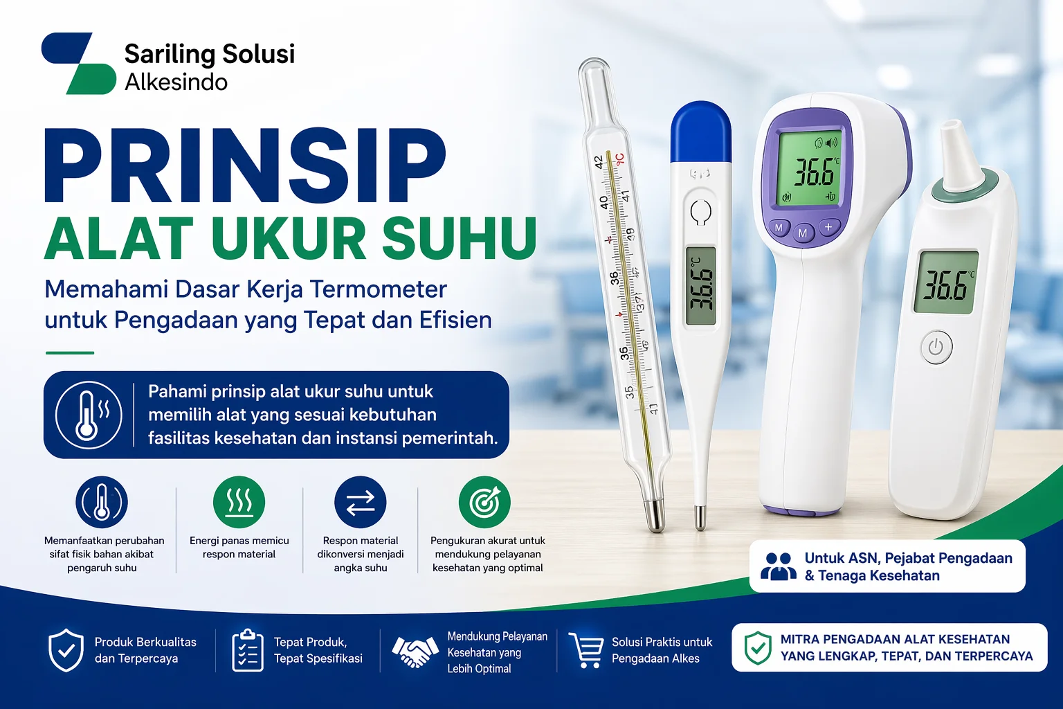 Banner prinsip alat ukur suhu dengan ilustrasi berbagai jenis termometer serta logo Sariling Solusi Alkesindo untuk kebutuhan pengadaan alat kesehatan di instansi pemerintah dan fasilitas medis.