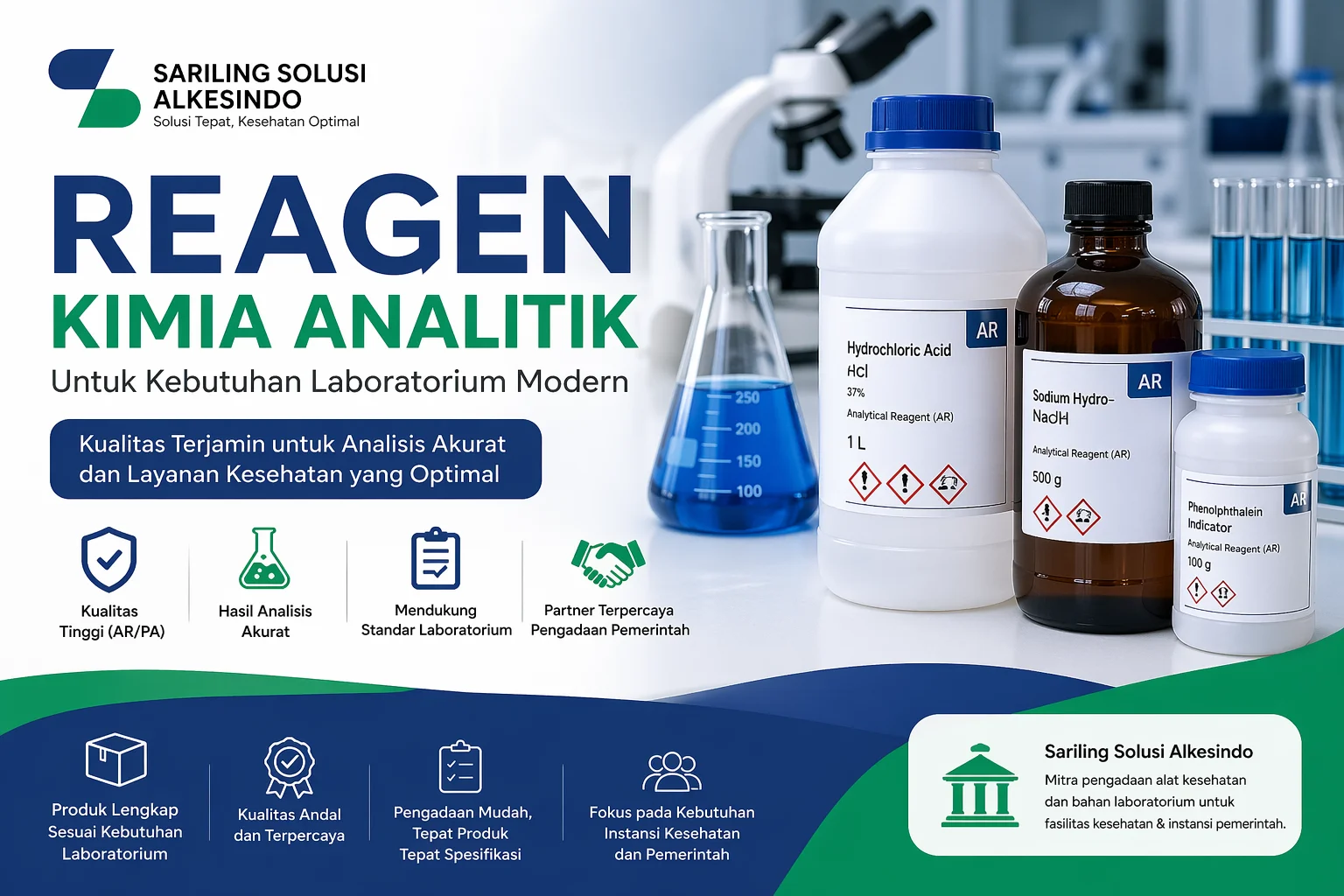 Banner reagen kimia analitik Sariling Solusi Alkesindo dengan botol bahan kimia laboratorium, menampilkan solusi pengadaan terpercaya untuk instansi kesehatan dan pemerintah.