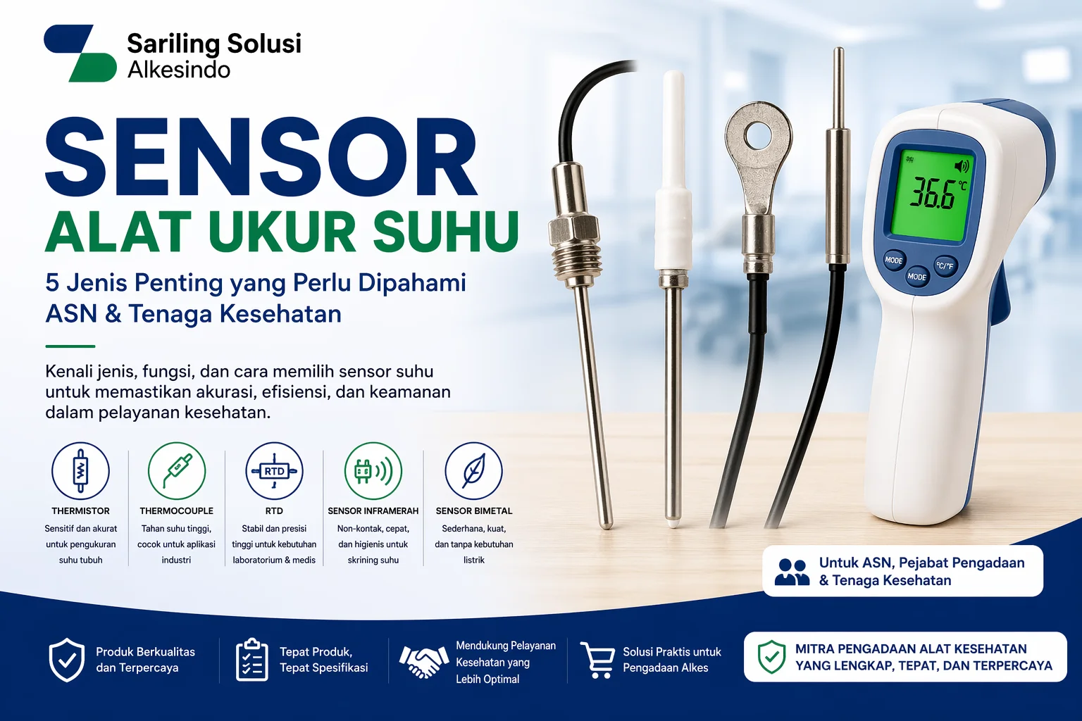 Banner sensor alat ukur suhu menampilkan berbagai jenis sensor seperti thermistor, thermocouple, RTD, dan inframerah serta termometer digital dengan logo Sariling Solusi Alkesindo untuk kebutuhan pengadaan alat kesehatan.