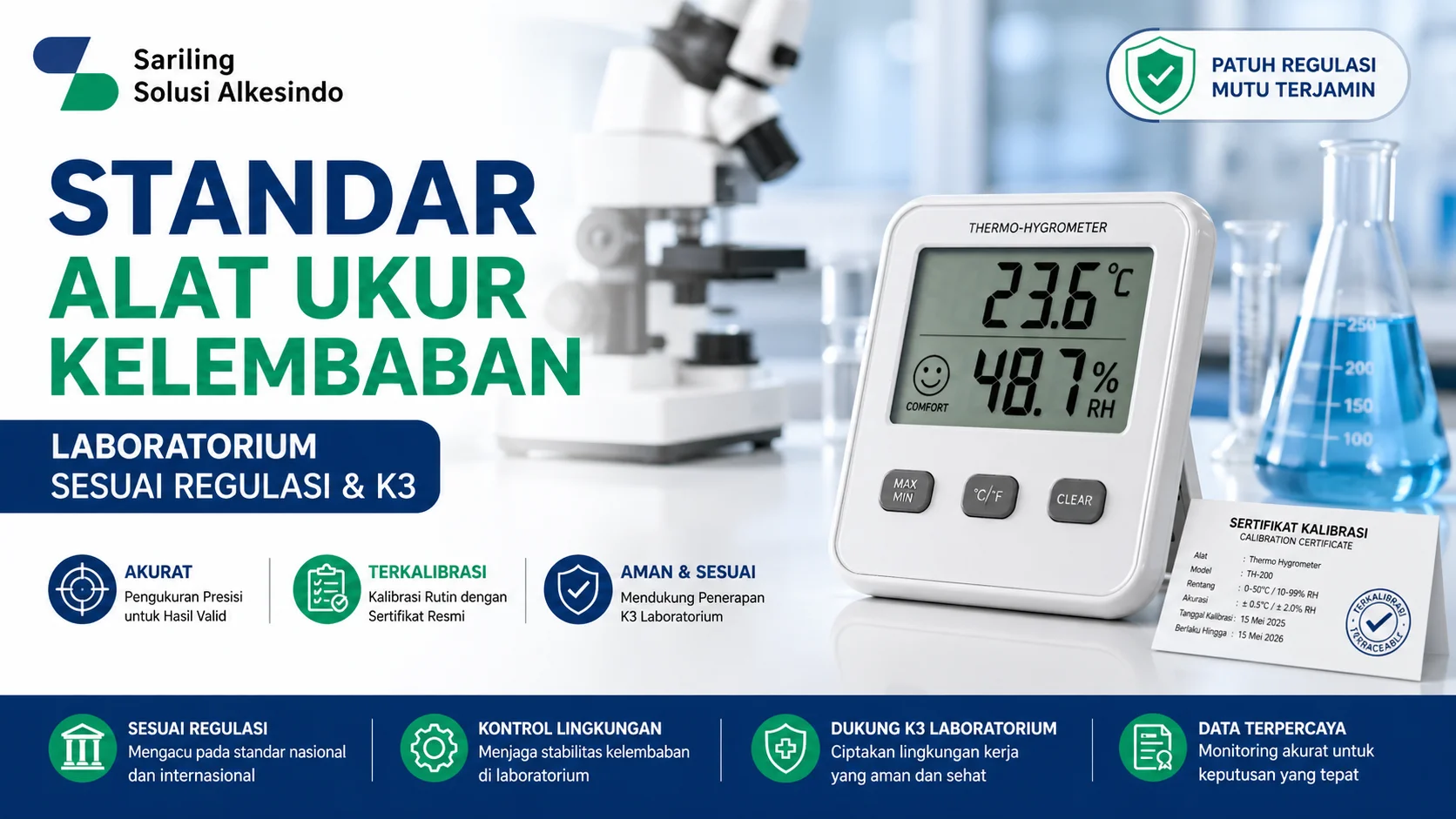 Standar alat ukur kelembaban laboratorium menggunakan hygrometer digital untuk kontrol kelembaban lab sesuai regulasi dari Sariling Solusi Alkesindo