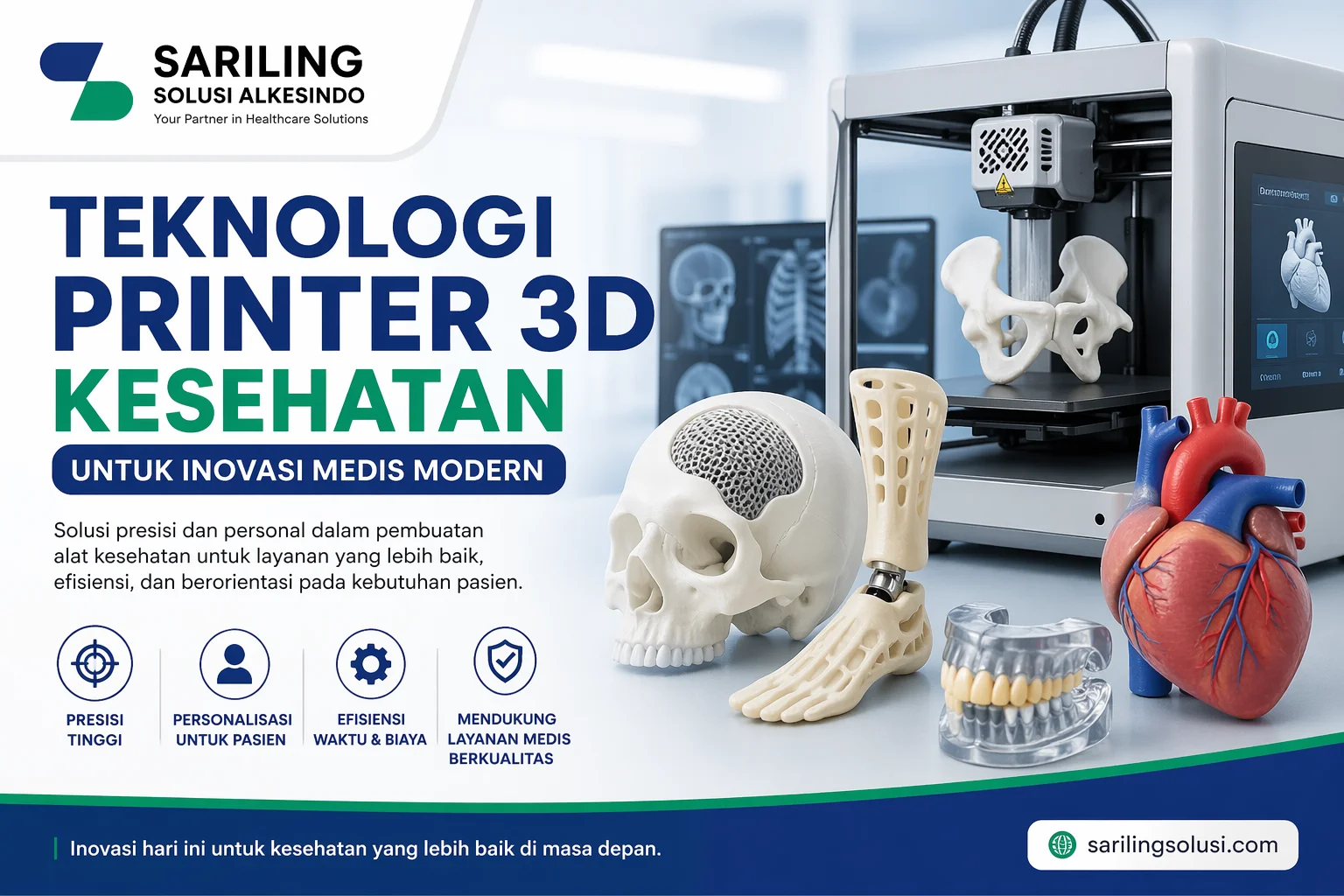 Teknologi printer 3D kesehatan untuk inovasi medis modern dengan logo Sariling Solusi Alkesindo