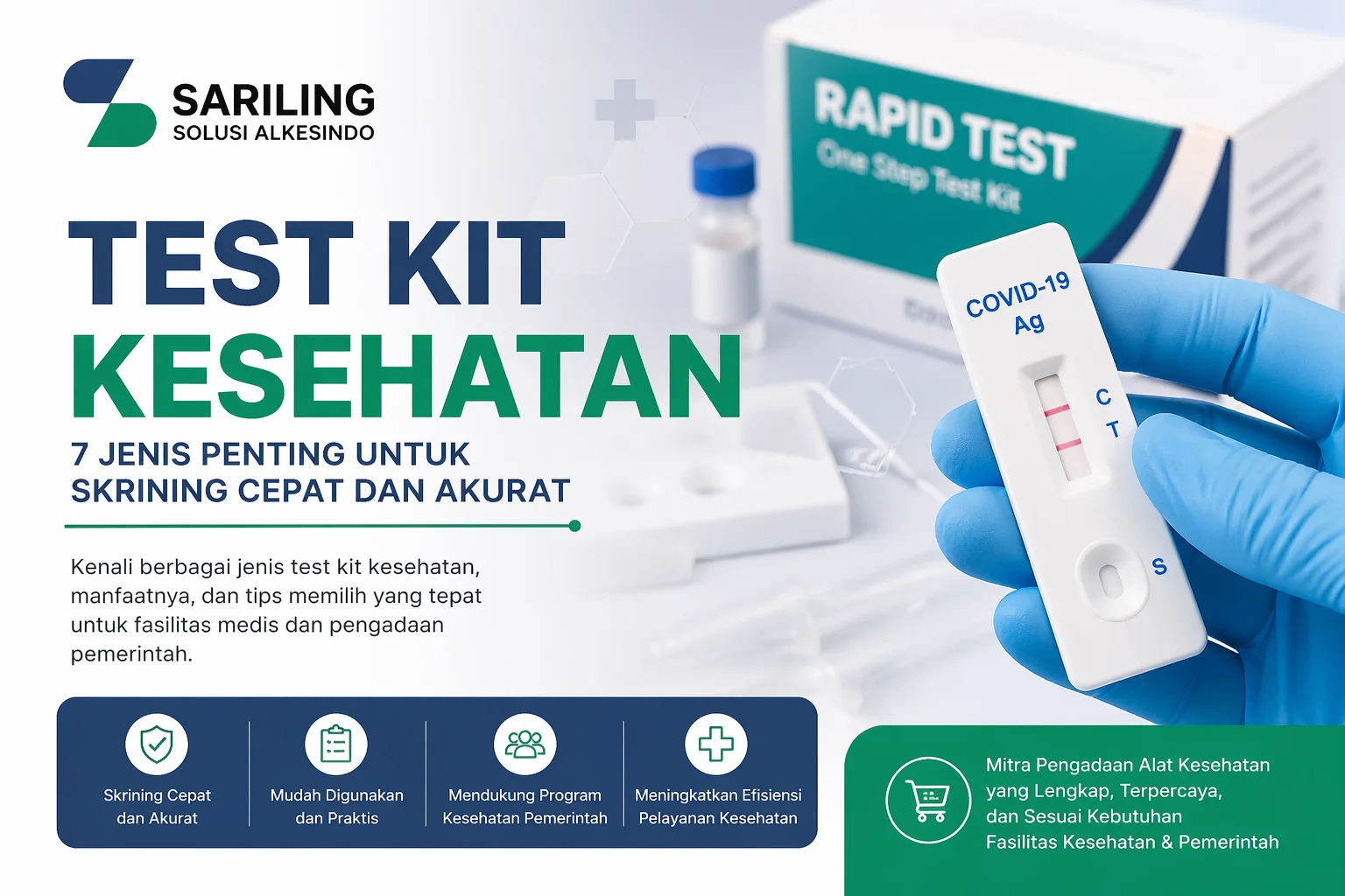 Banner test kit kesehatan menampilkan alat rapid test untuk skrining penyakit dengan logo Sariling Solusi Alkesindo untuk kebutuhan pengadaan alat kesehatan pemerintah dan tenaga medis.