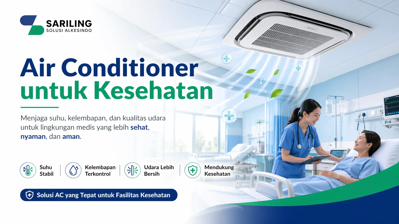 Vendor Air Conditioner kesehatan untuk fasilitas medis dengan logo Sariling Solusi Alkesindo, menampilkan teknisi HVAC di ruang rumah sakit dengan sistem pendingin udara untuk menjaga kualitas udara, suhu, dan kelembapan