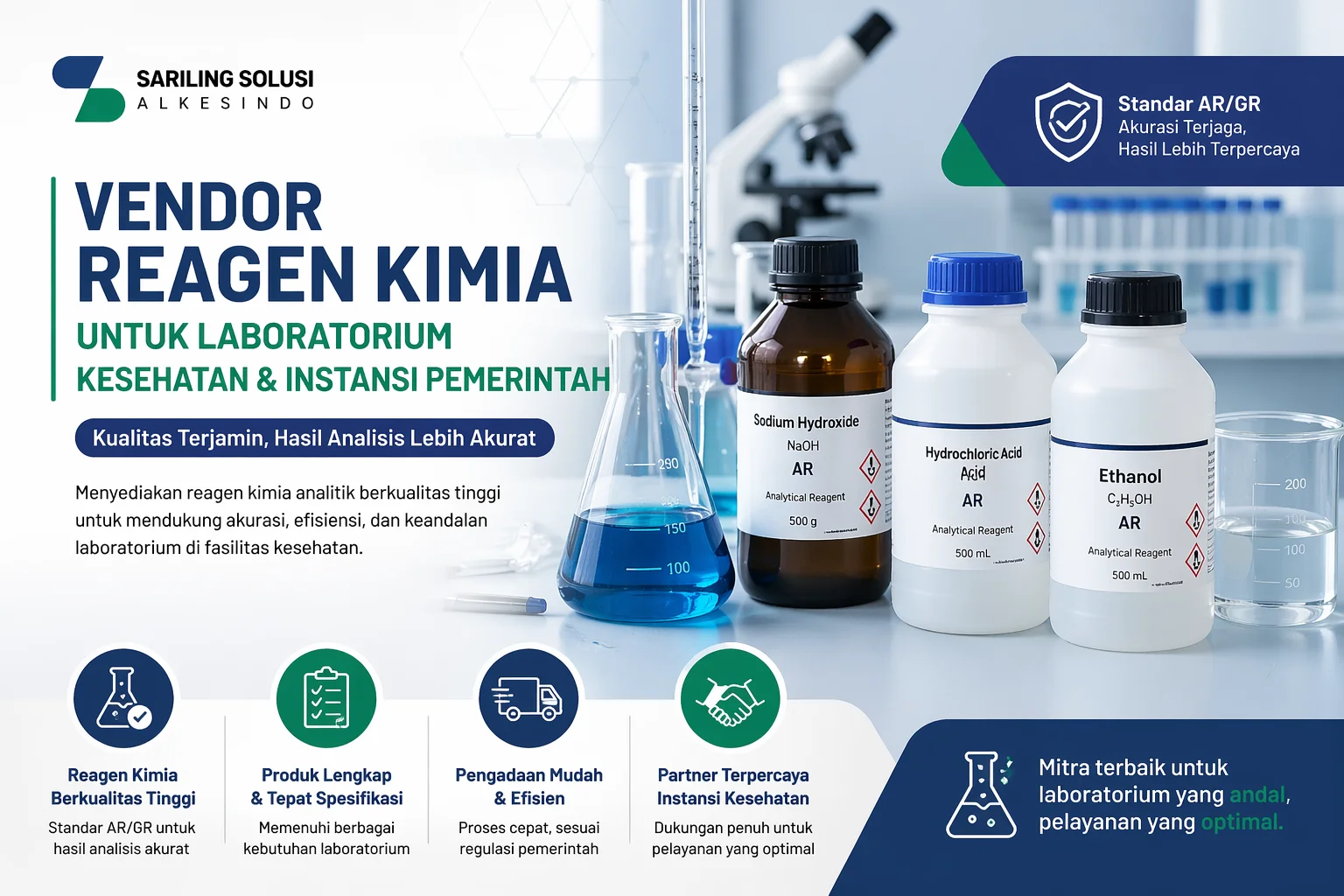 Feature image vendor reagen kimia analitik Sariling Solusi Alkesindo untuk laboratorium kesehatan dan instansi pemerintah, menampilkan botol bahan kimia AR seperti ethanol, hydrochloric acid, dan sodium hydroxide serta peralatan laboratorium modern.