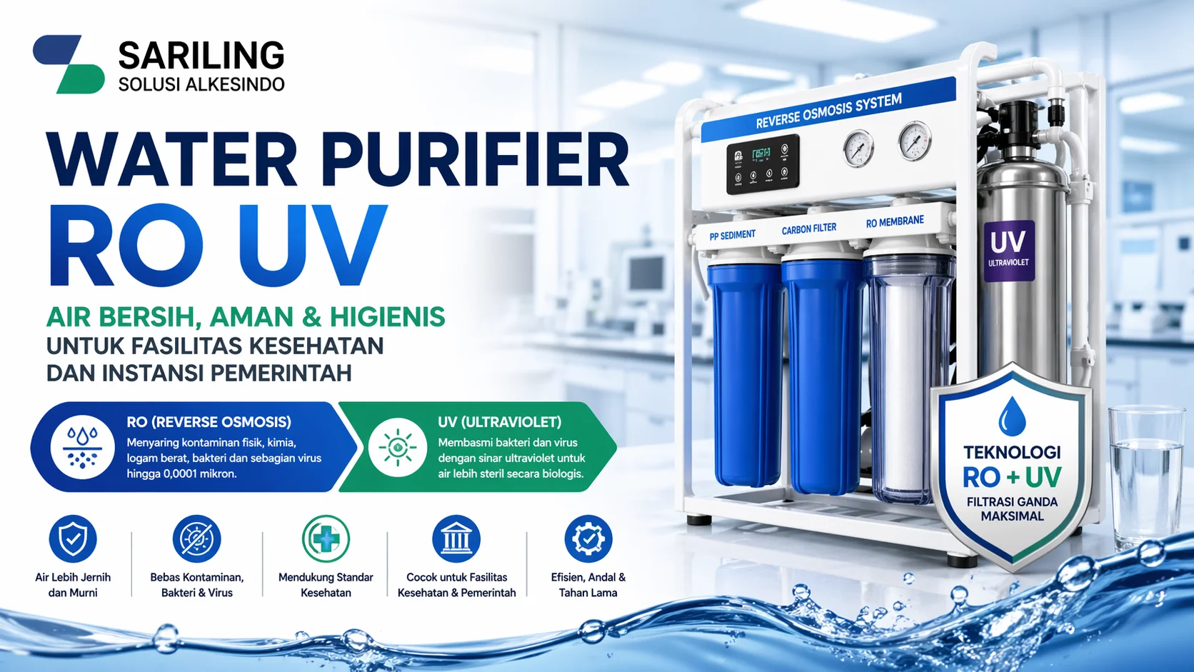 Water purifier RO UV untuk air bersih higienis di fasilitas kesehatan Sariling Solusi Alkesindo