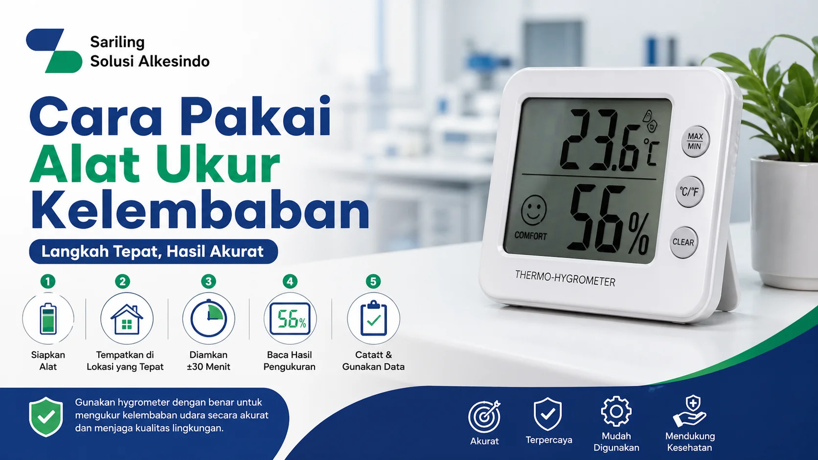 Cara pakai alat ukur kelembaban hygrometer digital untuk monitoring kelembaban udara secara akurat dari Sariling Solusi Alkesindo