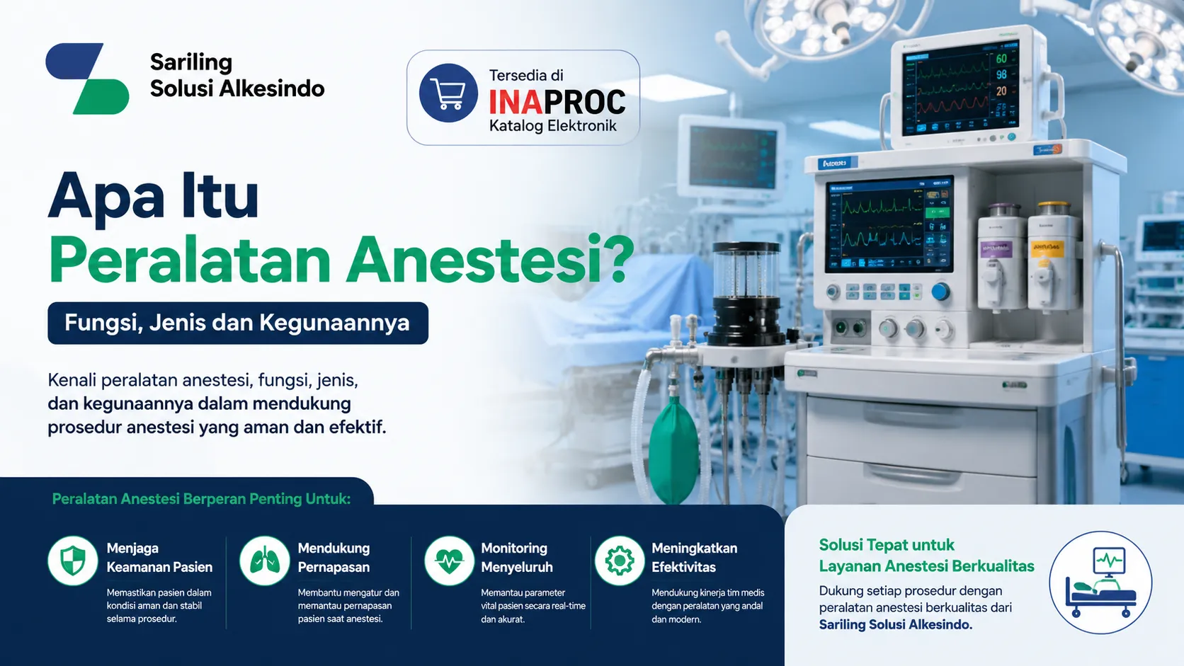 Infografis edukasi Apa Itu Peralatan Anestesi beserta fungsi, jenis, dan kegunaannya untuk prosedur medis aman dari Sariling Solusi Alkesindo, menampilkan mesin anestesi canggih, monitor tanda vital pasien, dan poin penting menjaga keamanan pasien serta dukungan pernapasan yang tersedia di e-katalog Inaproc.