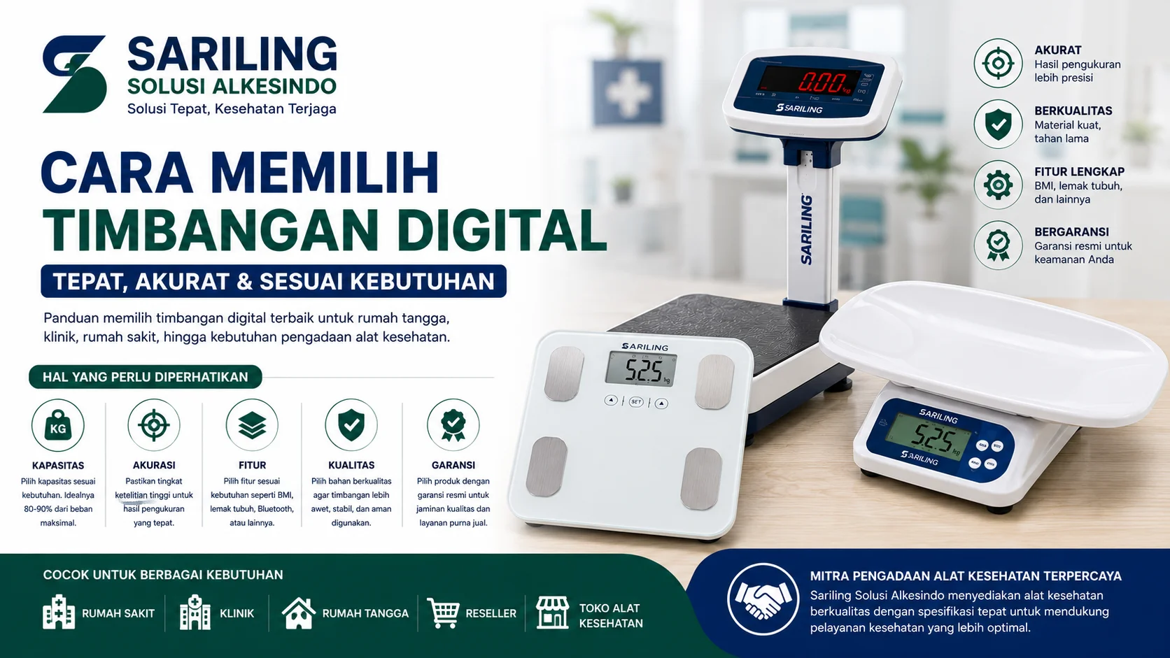 Feature image cara memilih timbangan digital dari Sariling Solusi Alkesindo menampilkan berbagai timbangan kesehatan modern dengan desain profesional bernuansa hijau dan biru ukuran 16:9, lengkap dengan informasi akurasi, spesifikasi timbangan, dan alat ukur berat badan untuk rumah sakit, klinik, serta rumah tangga.