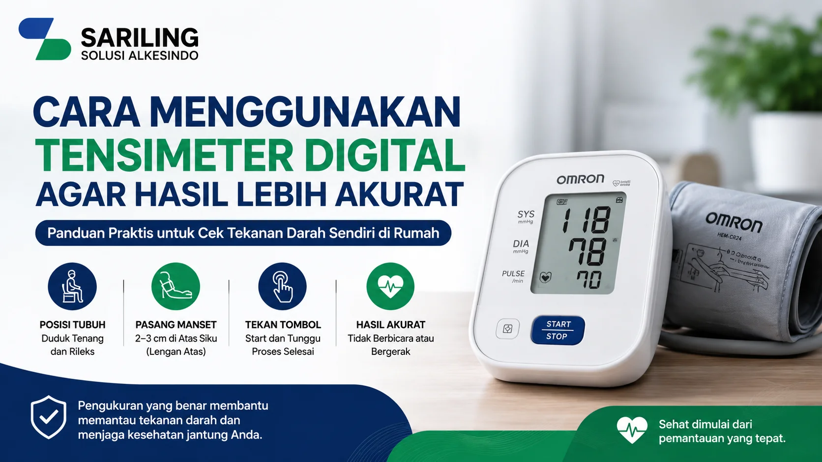 Feature image cara menggunakan tensimeter digital dari Sariling Solusi Alkesindo menampilkan alat ukur tekanan darah Omron lengkap dengan panduan penggunaan yang benar untuk cek tekanan darah sendiri di rumah dalam desain profesional