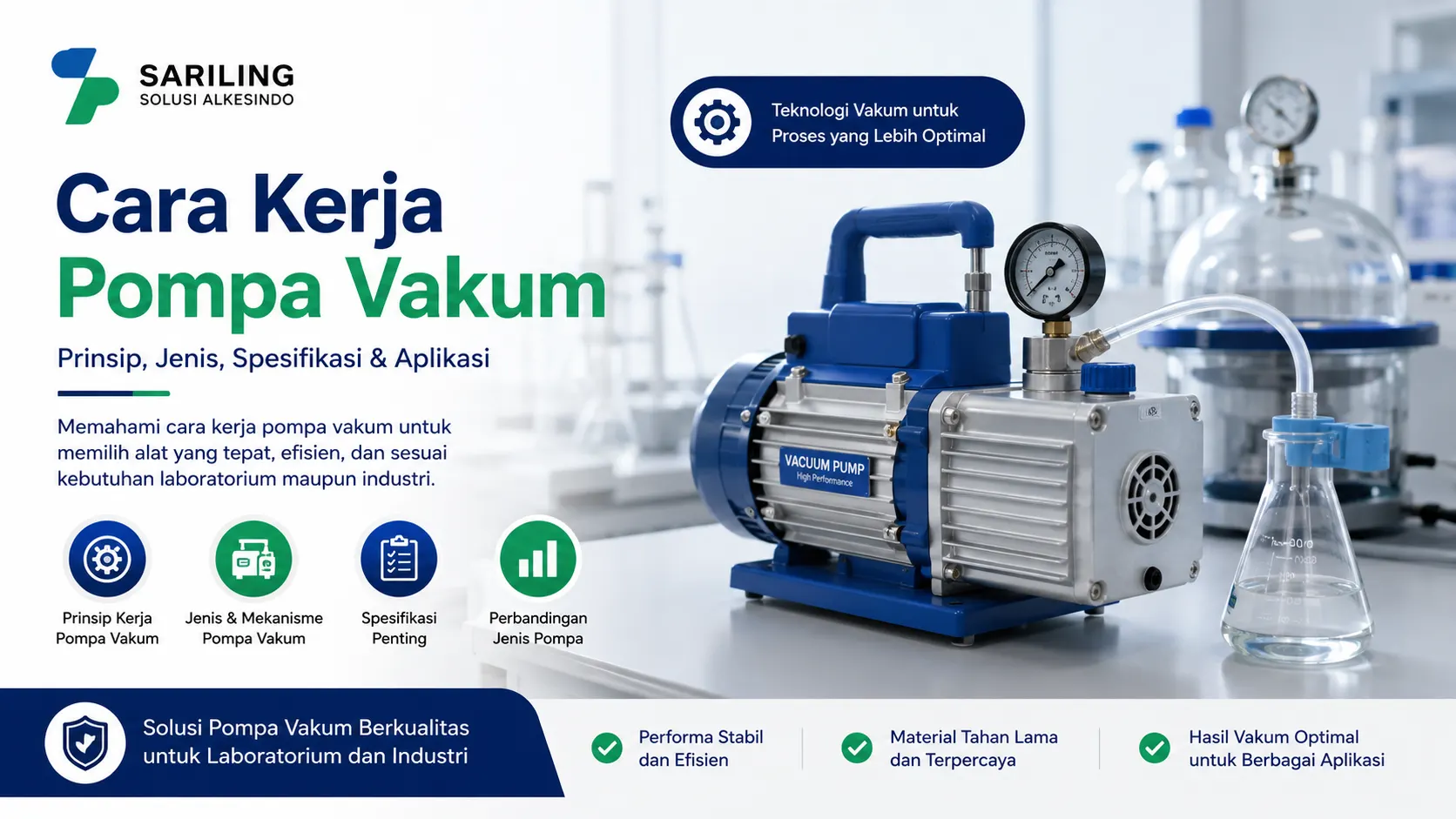 Banner cara kerja pompa vakum laboratorium dengan ilustrasi vacuum pump, tabung vakum, dan peralatan laboratorium untuk menjelaskan prinsip kerja, jenis, spesifikasi, dan aplikasi pompa vakum pada industri dan laboratorium.