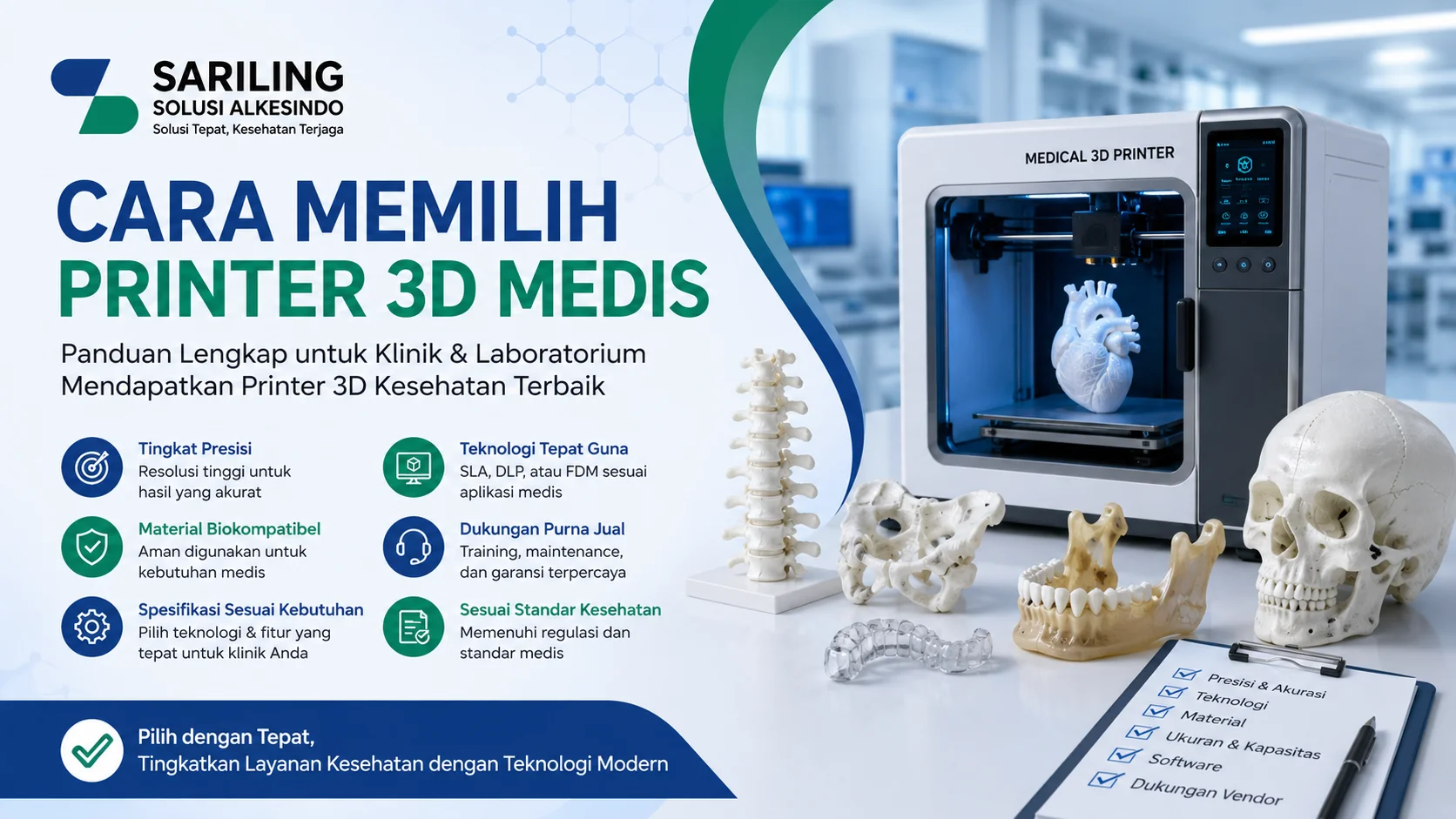 Banner cara memilih printer 3D medis dari Sariling Solusi Alkesindo menampilkan printer 3D kesehatan modern dengan model anatomi seperti jantung, tengkorak, tulang belakang, dan rahang untuk kebutuhan klinik dan laboratorium dalam desain profesional bernuansa biru dan hijau.
