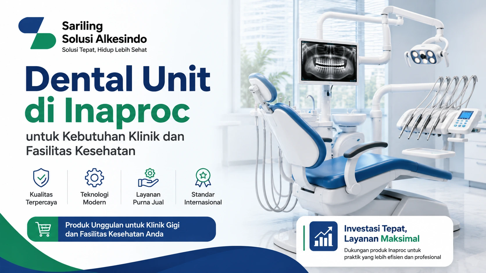 Katalog Dental Unit di Inaproc untuk pengadaan alat kesehatan klinik dan fasilitas kesehatan dari Sariling Solusi Alkesindo, menampilkan kursi periksa gigi standar internasional dengan teknologi modern, layar rontgen panoramik, dan layanan purna jual profesional.