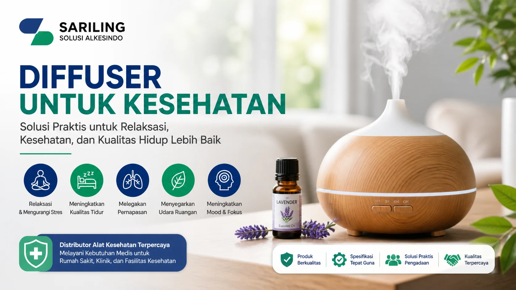 Diffuser untuk kesehatan dengan logo Sariling Solusi Alkesindo, menampilkan diffuser modern berbahan kayu mengeluarkan uap aromaterapi, essential oil lavender, serta informasi manfaat diffuser untuk relaksasi, kualitas tidur, pernapasan, dan kesehatan ruangan dalam desain banner 16:9.
