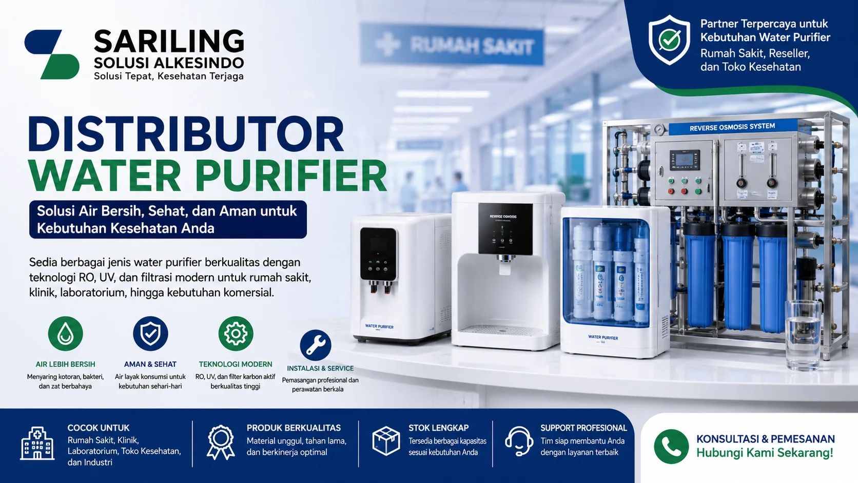 Banner distributor water purifier dari Sariling Solusi Alkesindo menampilkan berbagai mesin water purifier modern dengan teknologi Reverse Osmosis (RO), UV, dan filter air untuk kebutuhan rumah sakit, laboratorium, reseller, dan toko kesehatan dalam desain profesional bernuansa biru dan hijau.