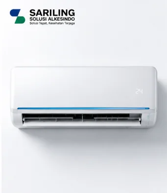 Unit Air Conditioner wall-mounted modern dengan logo Sariling Solusi Alkesindo pada desain minimalis ukuran 16:9 untuk kebutuhan pendingin udara rumah dan fasilitas kesehatan.