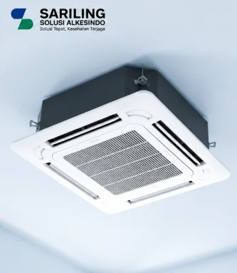 Ceiling cassette Air Conditioner modern dengan logo Sariling Solusi Alkesindo pada desain clean ukuran 16:9 untuk ruangan klinik, rumah sakit, dan kantor.