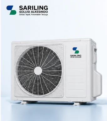 Outdoor unit Air Conditioner berkualitas dengan logo Sariling Solusi Alkesindo dalam tampilan profesional ukuran 16:9 untuk solusi pendingin udara kesehatan dan komersial.