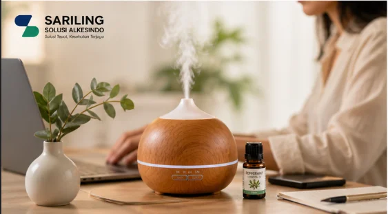 Penggunaan Gambar diffuser 2 aromaterapi di meja kerja dengan essential oil peppermint untuk meningkatkan fokus dan kenyamanan kerja