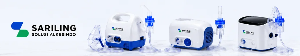 Nebulizer compressor medis Sariling Solusi Alkesindo dengan desain putih biru lengkap masker dan selang inhalasi untuk terapi pernapasan
