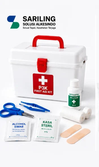 Tas P3K merah berisi perlengkapan first aid kit seperti kasa steril, alkohol swab, perban, dan gunting medis dengan logo Sariling Solusi Alkesindo pada desain landscape bersih dan modern