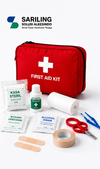 First aid kit merah lengkap dengan perlengkapan P3K seperti wound dressing, antiseptik, kasa steril, dan alat medis darurat dengan logo Sariling Solusi Alkesindo dalam tampilan landscape profesional