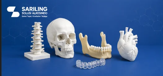 Banner pengadaan printer 3D medis dari Sariling Solusi Alkesindo dengan tampilan printer 3D modern, model anatomi manusia seperti tengkorak, tulang belakang, rahang, dan jantung untuk kebutuhan rumah sakit dan laboratorium medis.