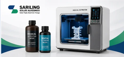 Visual produk printer 3D medis dengan hasil cetak anatomi kesehatan beresolusi tinggi, menampilkan model tengkorak, tulang belakang, dan alat medis 3D dalam desain profesional bernuansa biru.