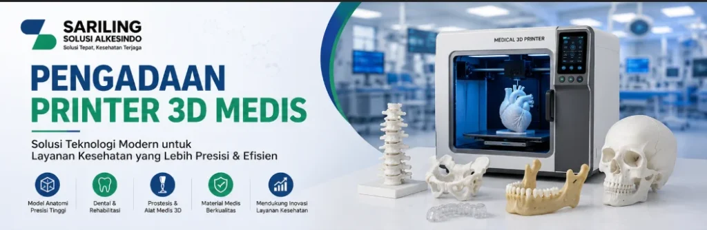 Printer 3D medis profesional lengkap dengan material resin dental dan model tulang belakang, digunakan untuk kebutuhan dental, rehabilitasi, dan produksi alat kesehatan modern.