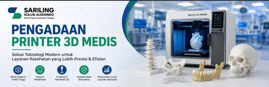 Printer 3D medis profesional lengkap dengan material resin dental dan model tulang belakang, digunakan untuk kebutuhan dental, rehabilitasi, dan produksi alat kesehatan modern.
