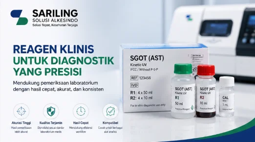 Visual reagen klinis diagnostik dari Sariling Solusi Alkesindo menampilkan kit SGOT (AST) dan botol reagen medis untuk pemeriksaan laboratorium yang akurat dan presisi di fasilitas kesehatan modern.