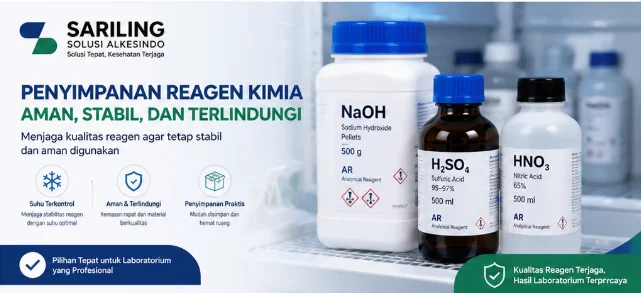 Banner penyimpanan reagen kimia dari Sariling Solusi Alkesindo menampilkan botol NaOH, H2SO4, dan HNO3 dengan konsep penyimpanan aman dan stabil untuk menjaga kualitas reagen laboratorium profesional.