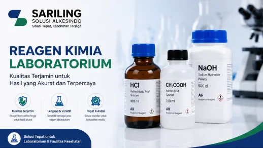 Banner reagen kimia laboratorium dari Sariling Solusi Alkesindo menampilkan botol reagen HCl, CH3COOH, dan NaOH untuk kebutuhan rumah sakit dan laboratorium dengan desain profesional bernuansa biru dan hijau.