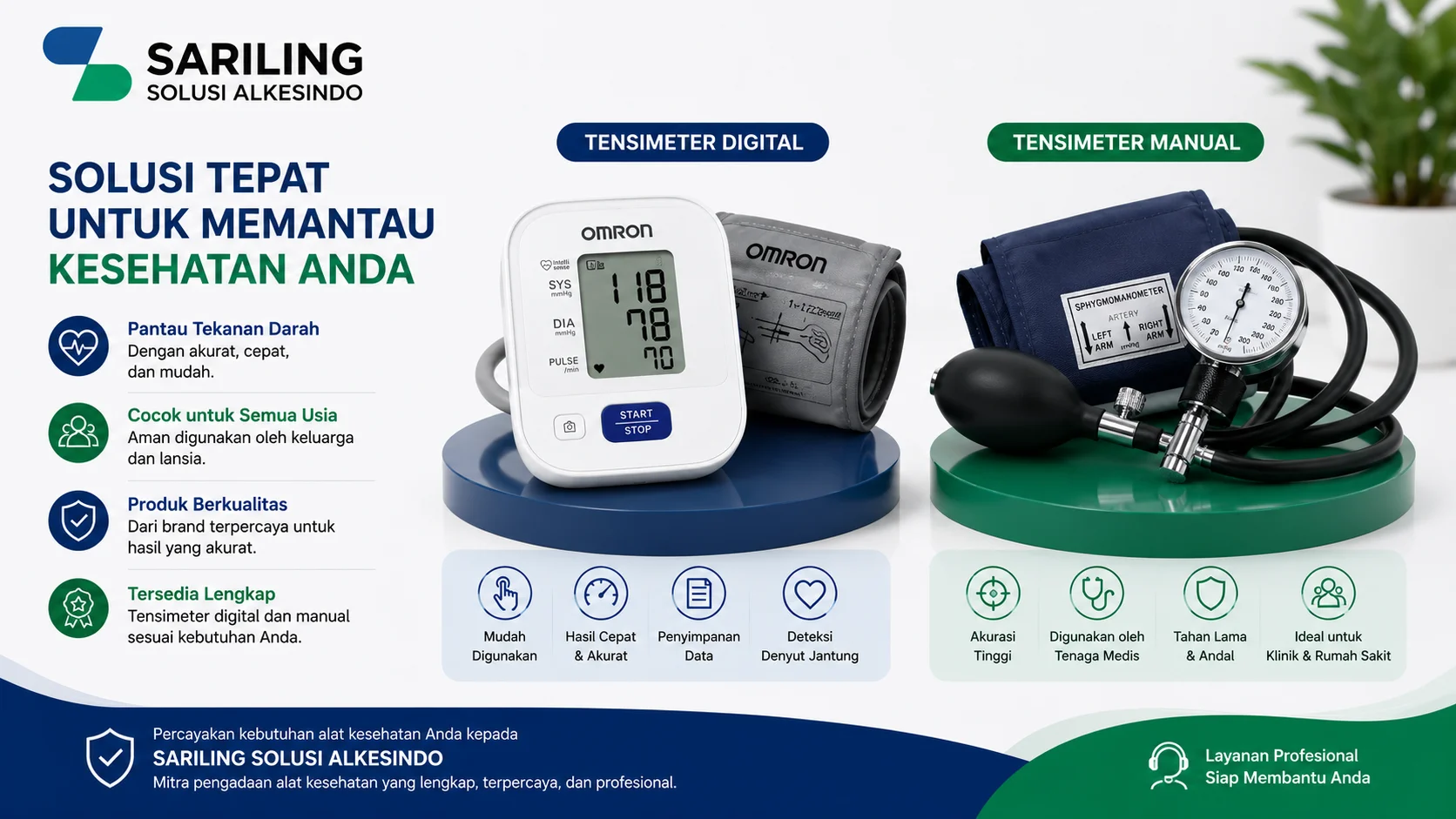 Infografis perbandingan tensimeter digital dan manual dari Sariling Solusi Alkesindo dengan penjelasan keunggulan, fitur, serta penggunaan untuk kebutuhan kesehatan sehari-hari