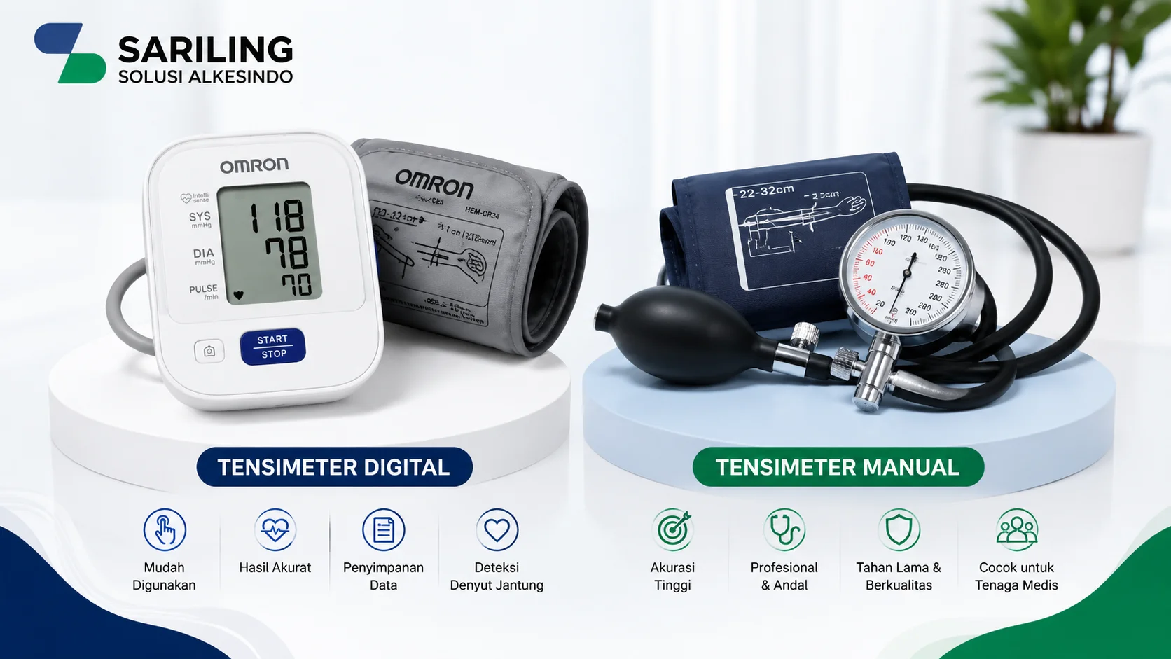 Gambar perbandingan tensimeter digital vs manual lengkap dengan fitur akurasi, kemudahan penggunaan, dan alat tensi darah profesional dari Sariling Solusi Alkesindo.
