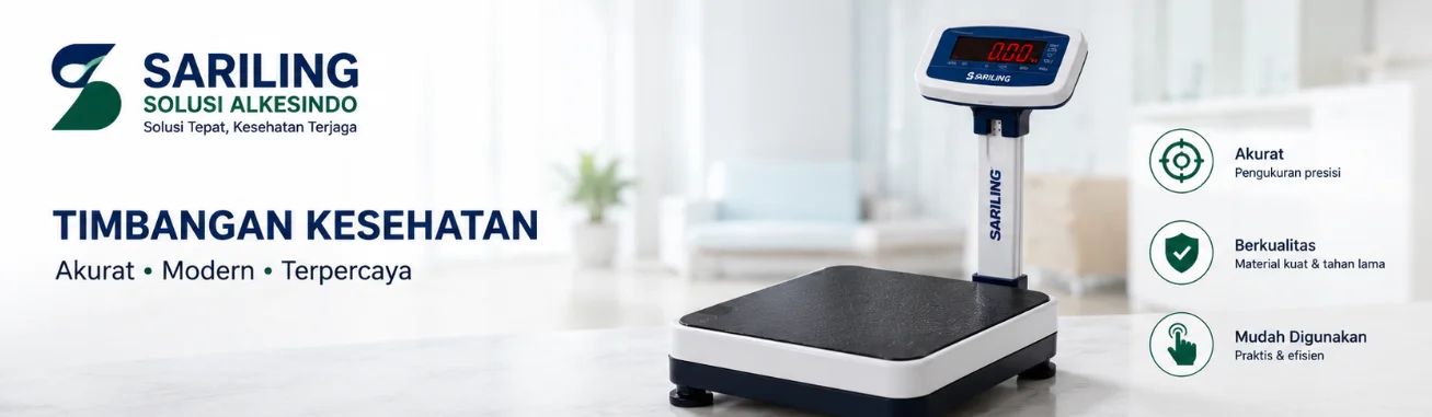 Timbangan medis digital berdiri dari Sariling Solusi Alkesindo dengan layar elektronik presisi tinggi untuk kebutuhan rumah sakit dan klinik dalam desain modern