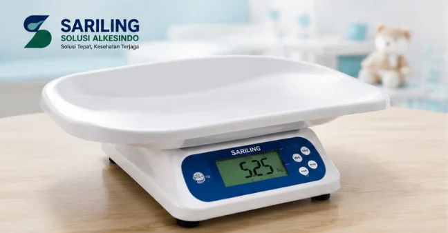Timbangan bayi digital profesional dari Sariling Solusi Alkesindo dengan layar digital akurat untuk pemeriksaan kesehatan bayi dan kebutuhan klinik