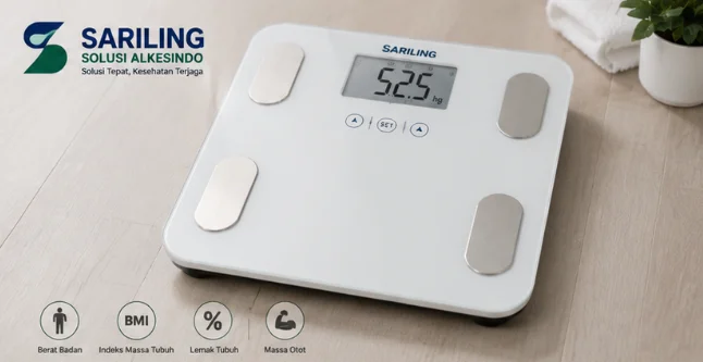 Timbangan BMI digital modern dari Sariling Solusi Alkesindo untuk monitoring berat badan dan komposisi tubuh dengan desain minimalis profesional