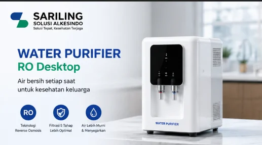 Water purifier RO desktop modern dari Sariling Solusi Alkesindo dengan desain minimalis putih untuk kebutuhan air bersih rumah tangga dan fasilitas kesehatan.