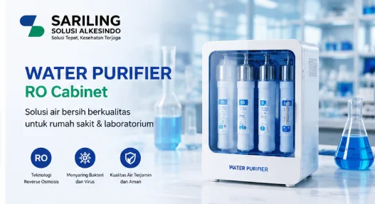 Mesin water purifier RO cabinet dengan sistem filtrasi canggih untuk rumah sakit dan laboratorium, menampilkan teknologi pemurnian air berkualitas tinggi dari Sariling Solusi Alkesindo.