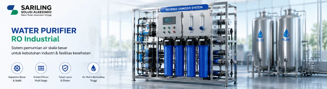 Sistem water purifier RO industrial kapasitas besar untuk industri dan fasilitas kesehatan dengan teknologi reverse osmosis profesional dari Sariling Solusi Alkesindo.