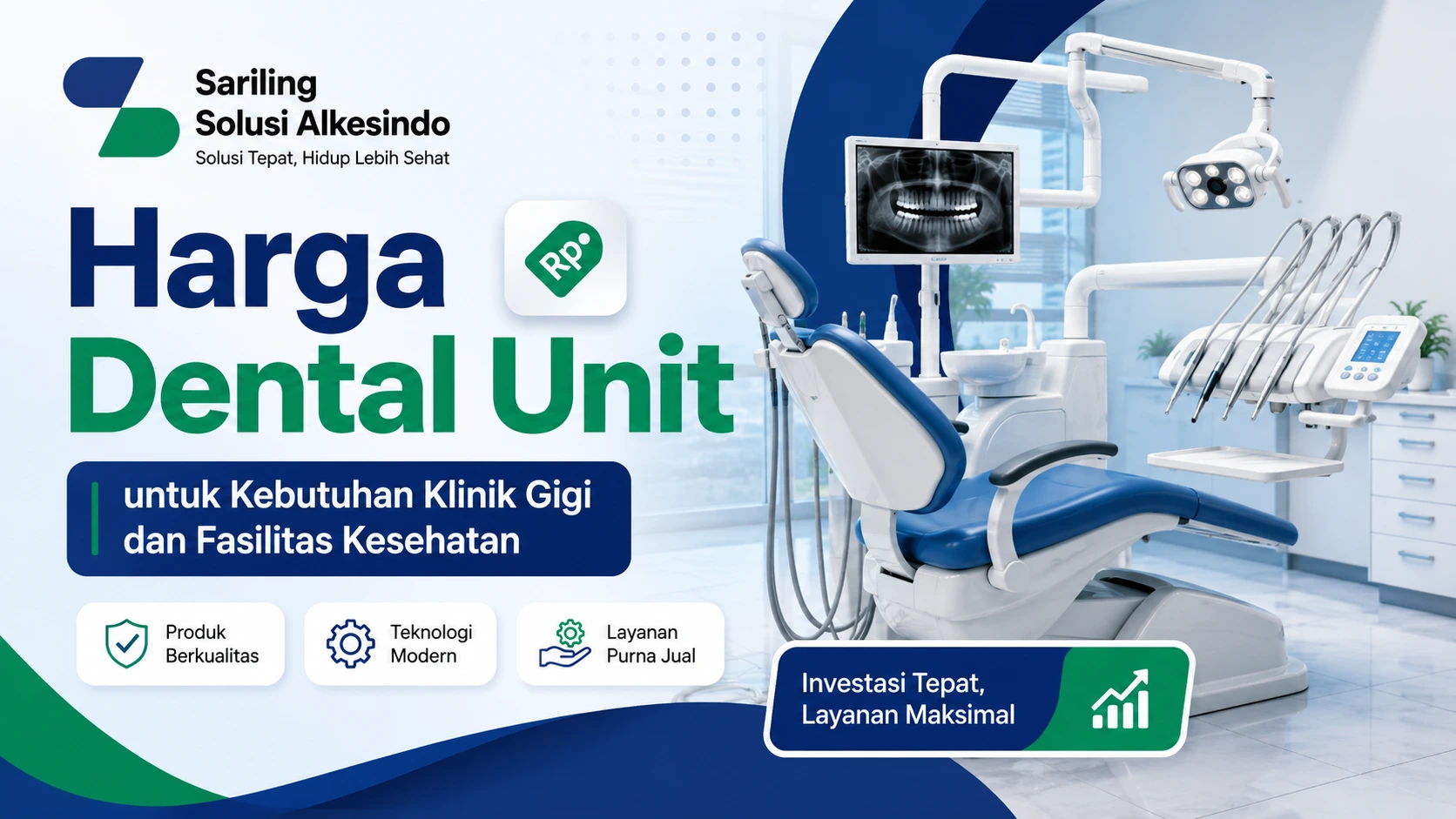 Informasi Harga Dental Unit untuk kebutuhan klinik gigi dan fasilitas kesehatan dari Sariling Solusi Alkesindo, menampilkan kursi periksa gigi modern lengkap dengan lampu operasi, monitor rontgen gigi, dan peralatan dental teknologi terbaru.