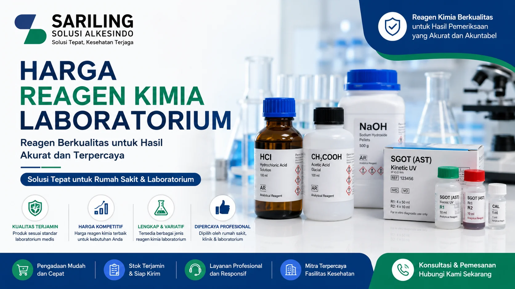 Alt text: Banner harga reagen kimia laboratorium dari Sariling Solusi Alkesindo menampilkan berbagai botol reagen medis seperti HCl, Asam Asetat, NaOH, dan kit SGOT dengan latar laboratorium modern untuk kebutuhan rumah sakit, klinik, dan laboratorium kesehatan dalam desain profesional bernuansa biru dan hijau.