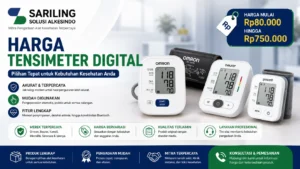 Banner promosi harga tensimeter digital dari Sariling Solusi Alkesindo dengan tampilan berbagai merek tensimeter digital seperti Omron, Beurer, dan Yuwell. Desain menampilkan informasi harga tensimeter digital mulai Rp80.000 hingga Rp750.000, fitur alat kesehatan modern, serta layanan pengadaan alat kesehatan terpercaya dalam format visual 16:9 bernuansa biru dan hijau.