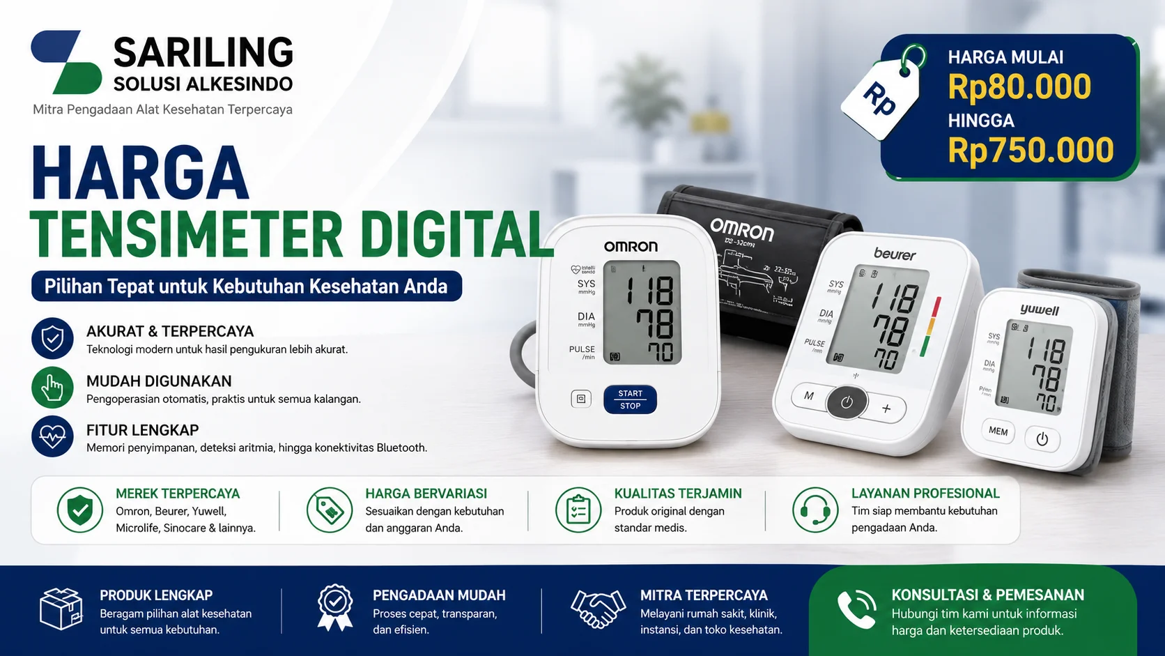 Banner promosi harga tensimeter digital dari Sariling Solusi Alkesindo dengan tampilan berbagai merek tensimeter digital seperti Omron, Beurer, dan Yuwell. Desain menampilkan informasi harga tensimeter digital mulai Rp80.000 hingga Rp750.000, fitur alat kesehatan modern, serta layanan pengadaan alat kesehatan terpercaya dalam format visual 16:9 bernuansa biru dan hijau.
