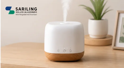 Humidifier putih transparan dari Sariling Solusi Alkesindo menghasilkan uap untuk menjaga kelembapan udara ruangan tetap sehat