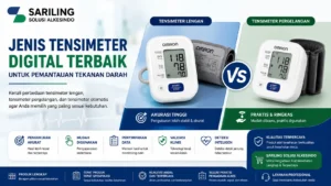 Feature image jenis tensimeter digital menampilkan berbagai tensimeter lengan, tensimeter pergelangan, dan tensimeter otomatis lengkap dengan logo Sariling Solusi Alkesindo untuk kebutuhan klinik dan alat kesehatan.