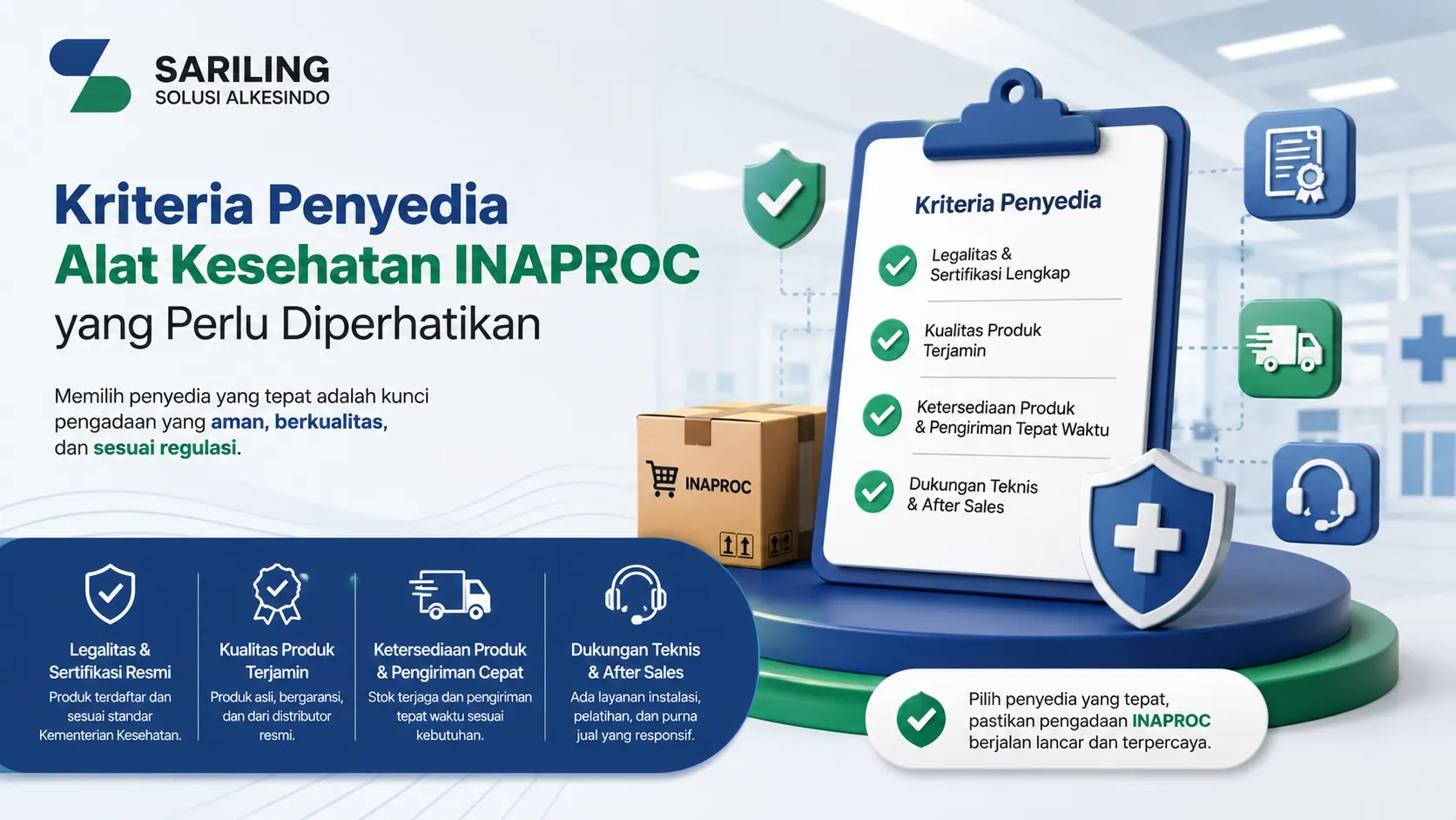 Banner infografis kriteria penyedia alat kesehatan INAPROC dengan ilustrasi checklist, sertifikasi resmi, pengiriman cepat, dan dukungan layanan purna jual.