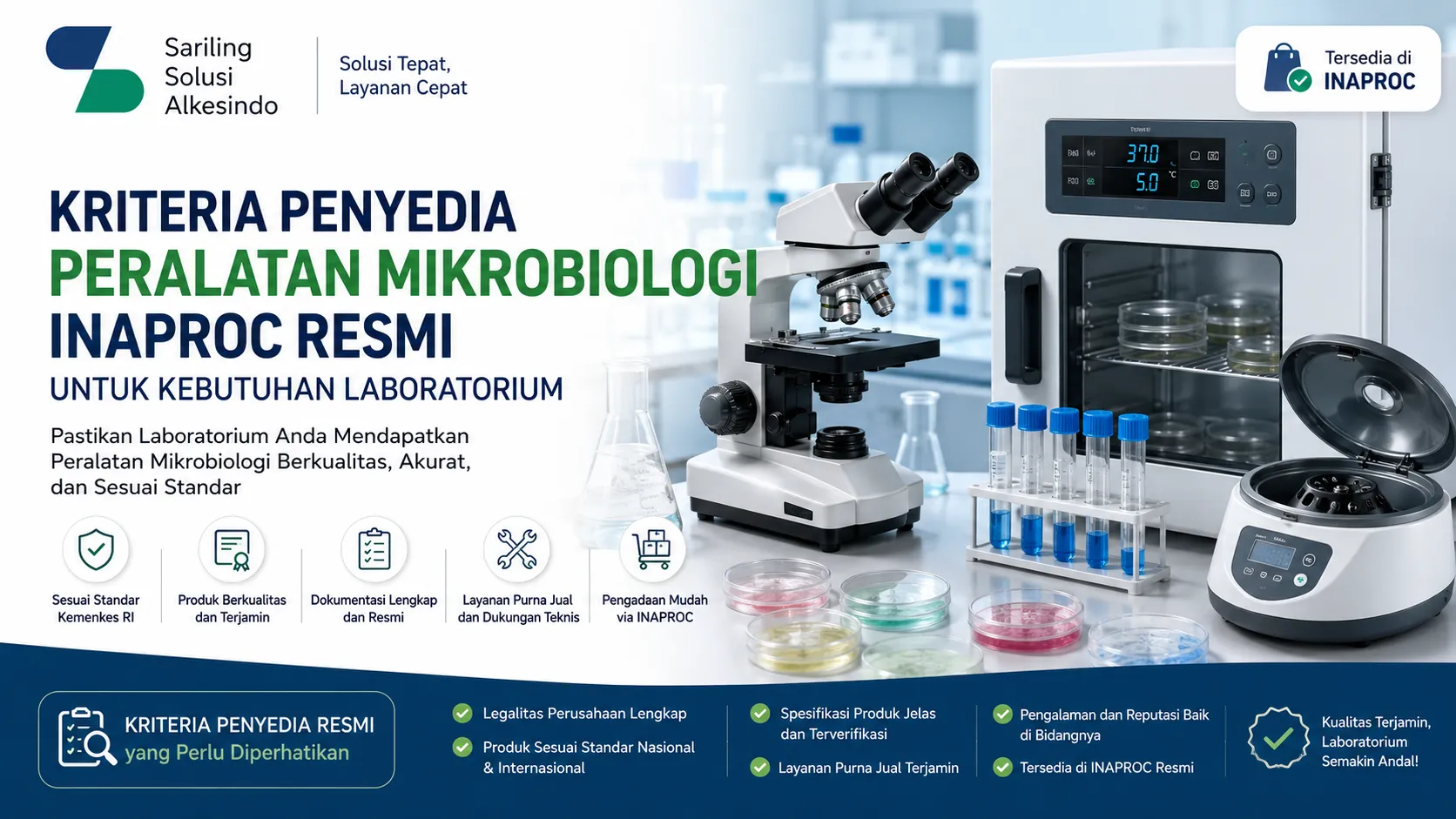 Infografis Kriteria Penyedia Peralatan Mikrobiologi Inaproc Resmi dari Sariling Solusi Alkesindo untuk kebutuhan laboratorium, menampilkan mikroskop binokuler, inkubator laboratorium, sentrifugase, dan tabung reaksi yang sesuai standar Kemenkes RI serta tersedia di katalog elektronik INAPROC.