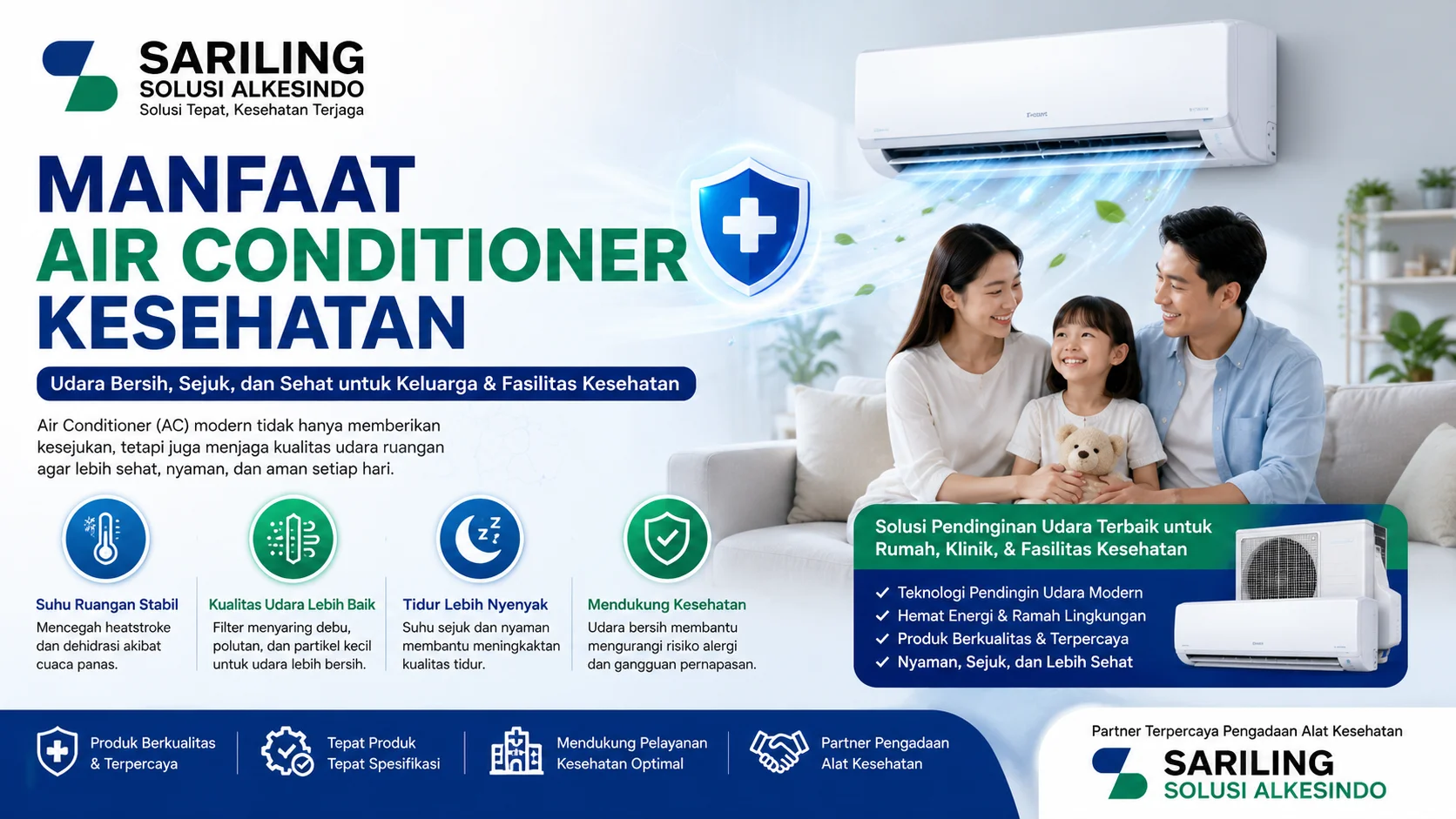 Feature image manfaat Air Conditioner kesehatan dari Sariling Solusi Alkesindo menampilkan AC modern dengan teknologi pendingin udara, keluarga sehat di ruang nyaman, serta ilustrasi kualitas udara bersih dan manfaat kesehatan dalam desain profesional ukuran 16:9 bernuansa biru dan hijau.